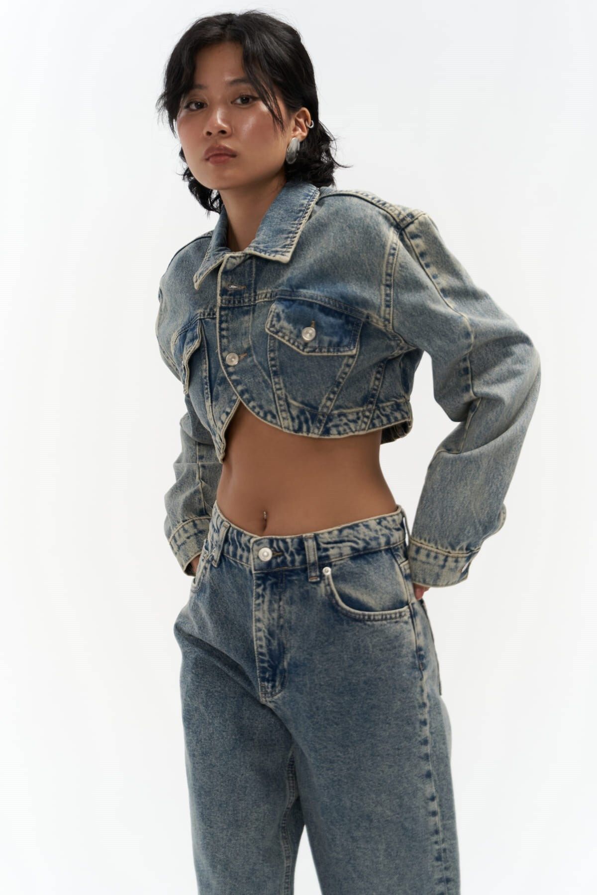 Mai Collection Cali Çapraz Detay Kirli Yeşil Crop Jean Ceket Mai Collection Cali Çapraz Detay Kirli Yeşil Crop Jean Ceket
