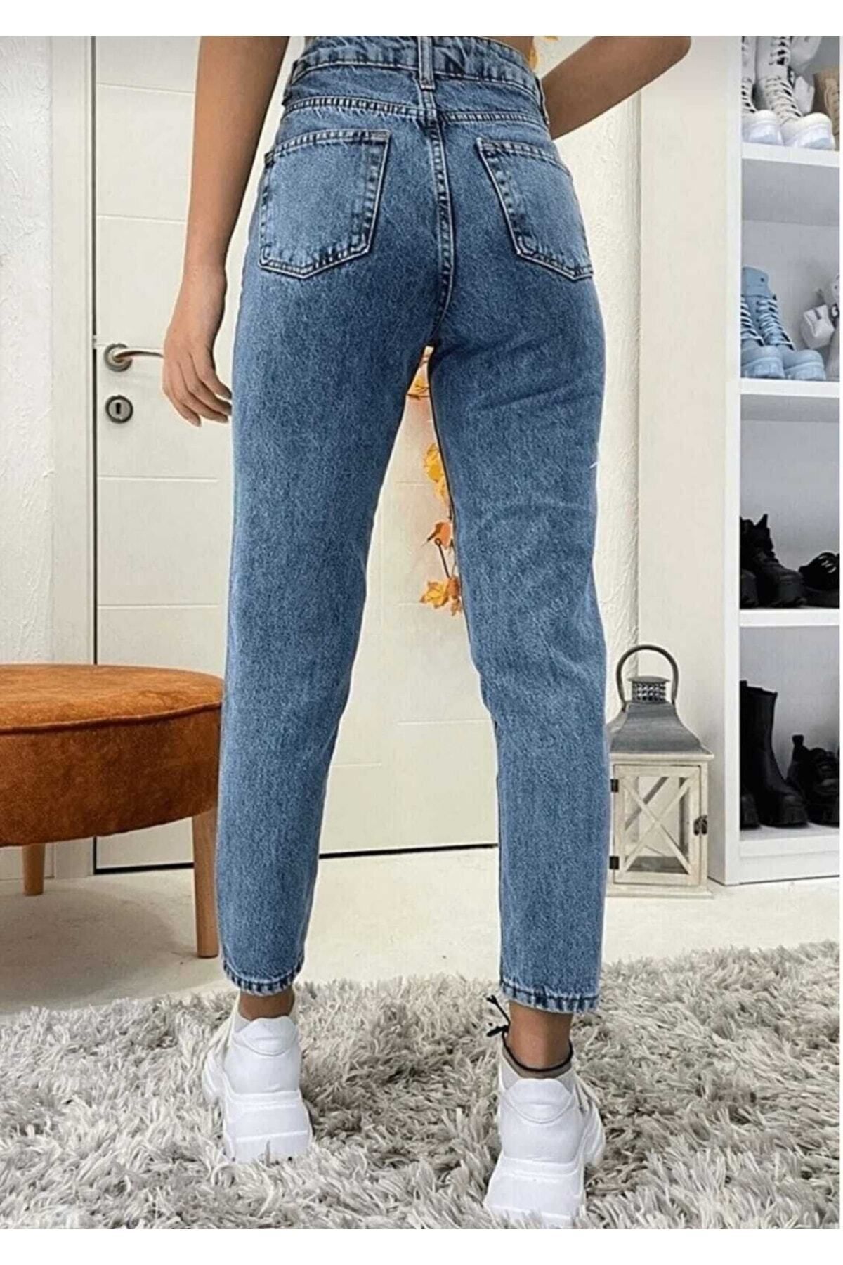 Ngbutika Açık Mavi Mom Jeans Likralı Yüksek Bel Mavi Kar Yıkamalı Mom Kot Pantolon Ekstra Esnek
