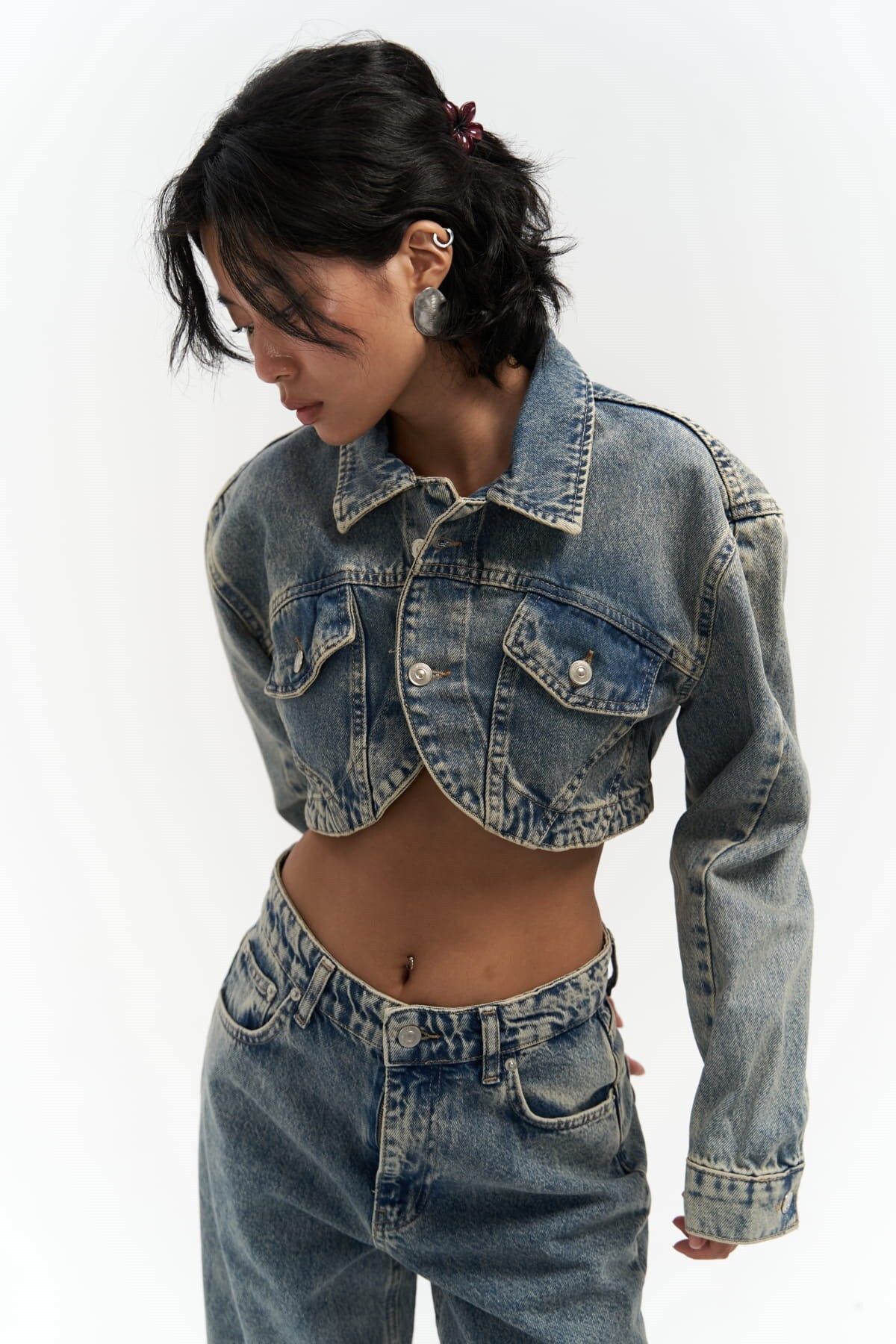 Mai Collection Cali Çapraz Detay Kirli Yeşil Crop Jean Ceket Mai Collection Cali Çapraz Detay Kirli Yeşil Crop Jean Ceket