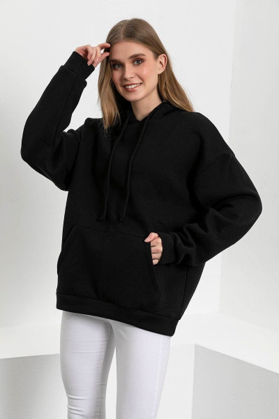 Siyah Düz Kapüşonlu Kanguru Cepli Sweatshırt Siyah Düz Kapüşonlu Kanguru Cepli Sweatshırt