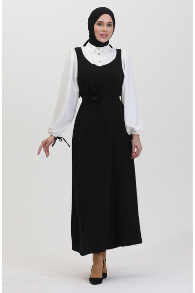 Kuşaklı Jile Elbise 0490-03 Ekru Siyah