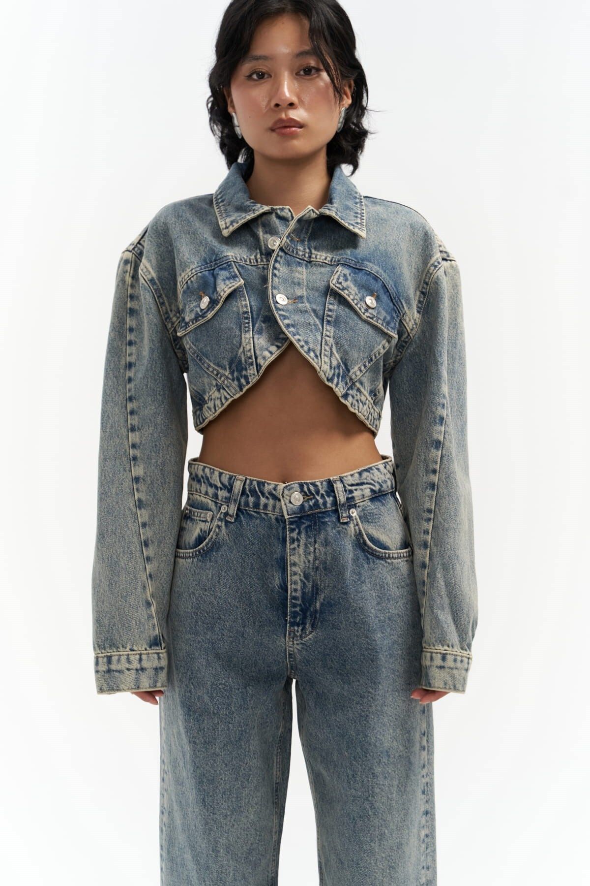Mai Collection Cali Çapraz Detay Kirli Yeşil Crop Jean Ceket Mai Collection Cali Çapraz Detay Kirli Yeşil Crop Jean Ceket