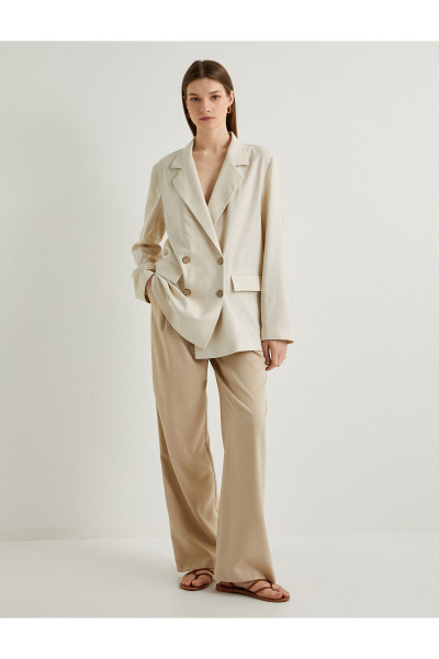 Keten Karışımlı Oversize Blazer Ceket Kruvaze Düğmeli Cep Detaylı