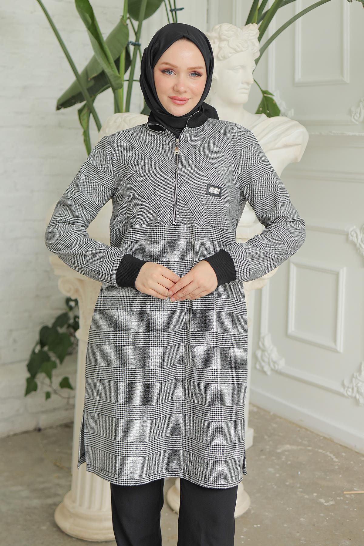 Trend Yarım Fermuarlı Kolları Ribanalı Tunik 24kt416 Trend Yarım Fermuarlı Kolları Ribanalı Tunik 24kt416