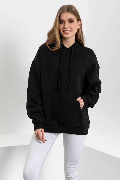 Siyah Düz Kapüşonlu Kanguru Cepli Sweatshırt Siyah Düz Kapüşonlu Kanguru Cepli Sweatshırt