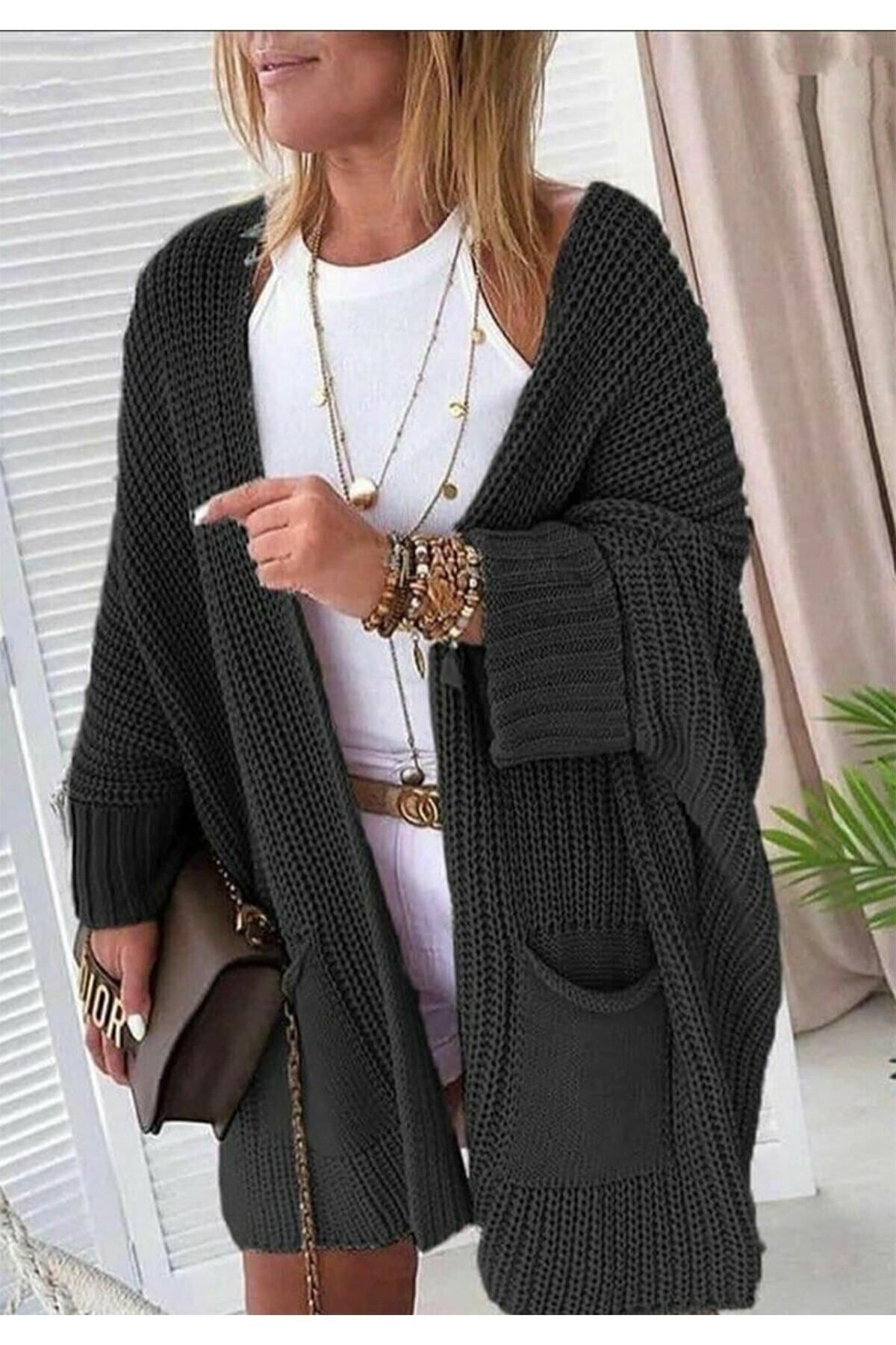 Oversize Kalıp Kadın Uzun Cepli Triko Hırka Oversize Kalıp Kadın Uzun Cepli Triko Hırka