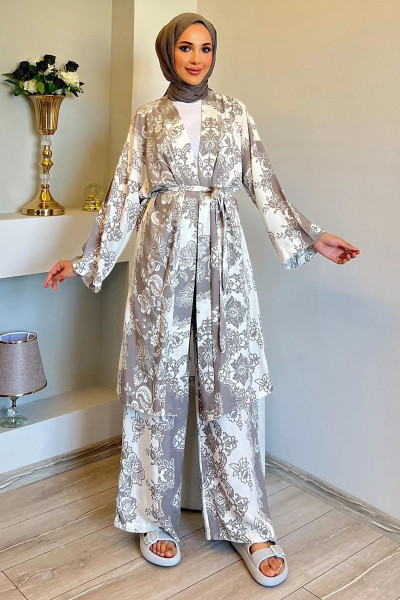 Kremvizon Desenli Tesettür Viskon Kimono İkili Takım Kremvizon Desenli Tesettür Viskon Kimono İkili Takım