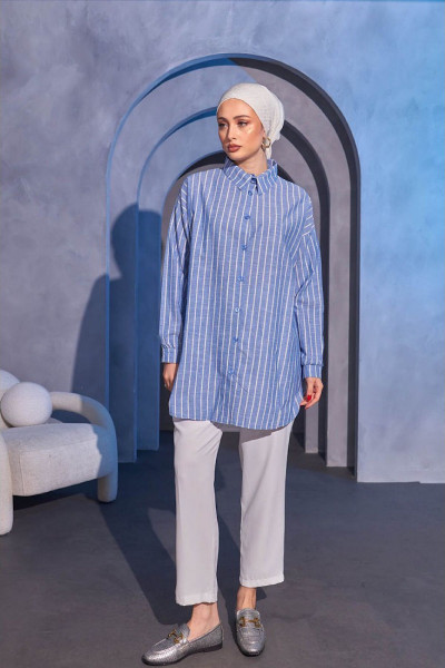 Kadın Uzun Kollu Düğmeli Çizgili Dokuma Gömlek