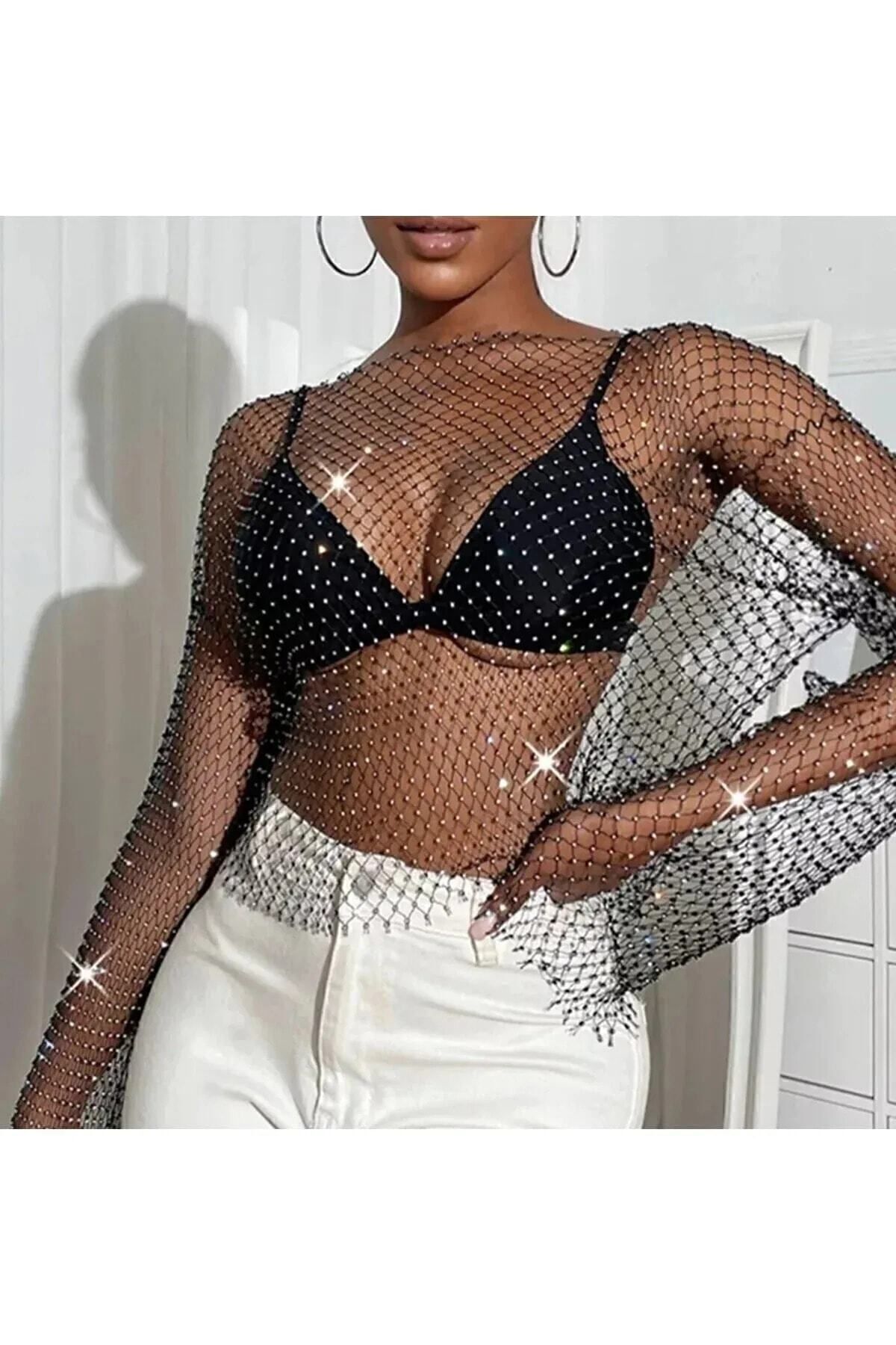 Kristal Taşlı File Crop Bluz Kristal Taşlı File Crop Bluz