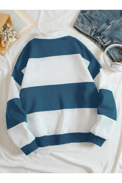 Unisex Petrol Mavi Çizgili Oversize Polo Yaka Yarım Fermuarlı Sweatshirt Unisex Petrol Mavi Çizgili Oversize Polo Yaka Yarım Fermuarlı Sweatshirt