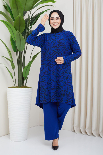 Kadın Saks Sandy Dijital Baskı Bluz Pantolonlu Ikili Tesettür Takım