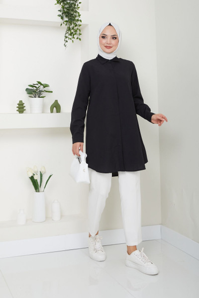 Kadın Siyah Terikoton Gizli Düğmeli Boyfriend Tesettür Gömlek Kadın Siyah Terikoton Gizli Düğmeli Boyfriend Tesettür Gömlek