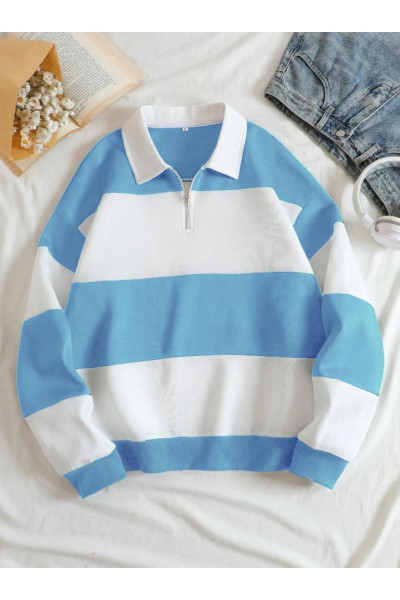 Unisex Bebe Mavi Çizgili Oversize Polo Yaka Yarım Fermuarlı Sweatshirt Unisex Bebe Mavi Çizgili Oversize Polo Yaka Yarım Fermuarlı Sweatshirt