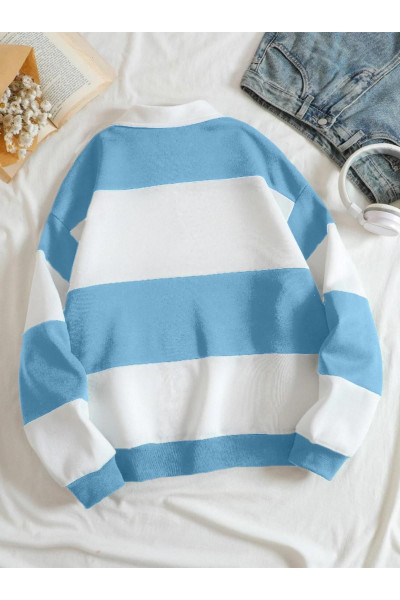Unisex Bebe Mavi Çizgili Oversize Polo Yaka Yarım Fermuarlı Sweatshirt Unisex Bebe Mavi Çizgili Oversize Polo Yaka Yarım Fermuarlı Sweatshirt