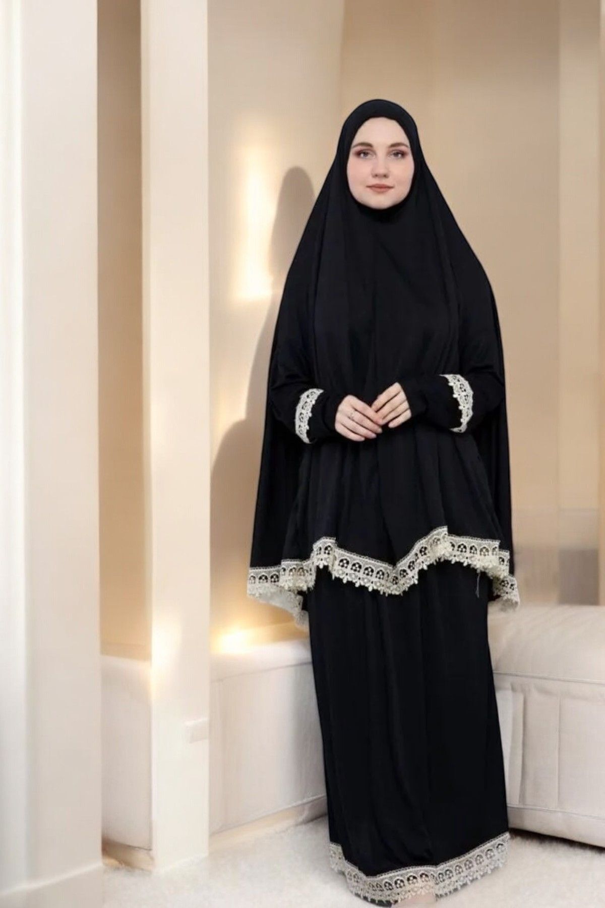 Siyah Ikili Takım Standart Beden Alt Üst Tesettür Namaz Elbisesi Obay4535
