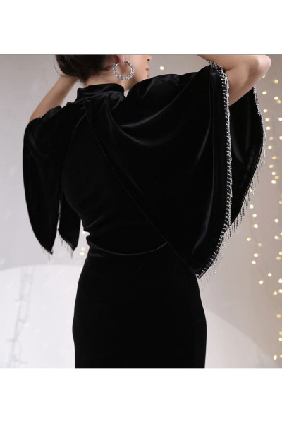 Siyah Taşlı Kol Kadife Elbise