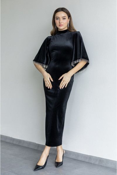 Siyah Taşlı Kol Kadife Elbise