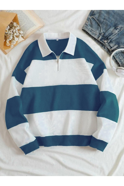 Unisex Petrol Mavi Çizgili Oversize Polo Yaka Yarım Fermuarlı Sweatshirt Unisex Petrol Mavi Çizgili Oversize Polo Yaka Yarım Fermuarlı Sweatshirt