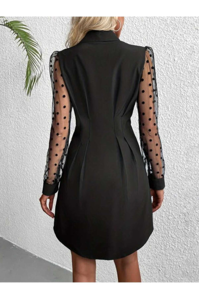 Kadın Tül Kol Zarif Puantiyeli Düğme Detaylı Şık Elbise