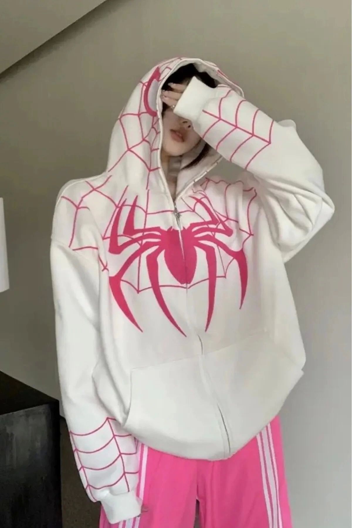 Beyaz Kapüşonlu Pembe Spiderman Maske Hırka