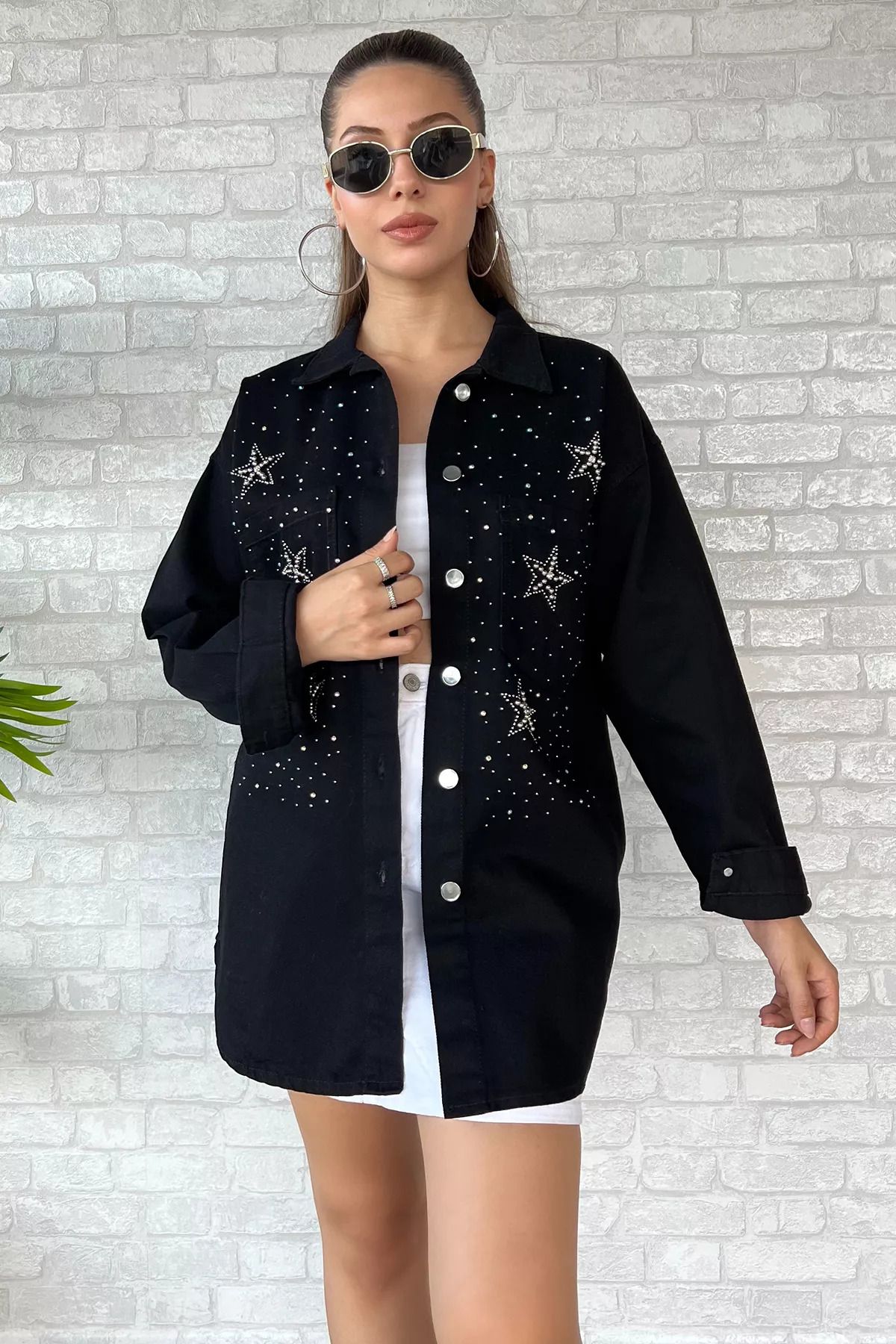 Siyah Çift Cepli Taşlı Kot Jean Ceket Siyah Çift Cepli Taşlı Kot Jean Ceket