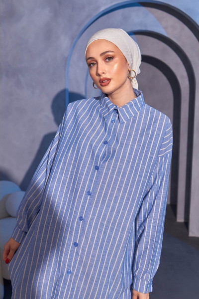 Kadın Uzun Kollu Düğmeli Çizgili Dokuma Gömlek