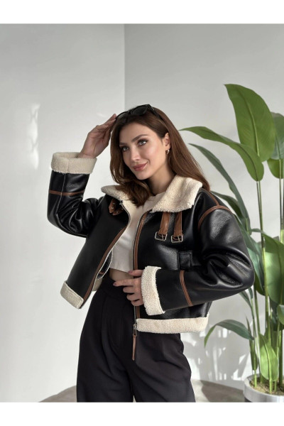 Suni Deri Yünlü Astar Detaylı Crop Pilot Ceket Suni Deri Yünlü Astar Detaylı Crop Pilot Ceket