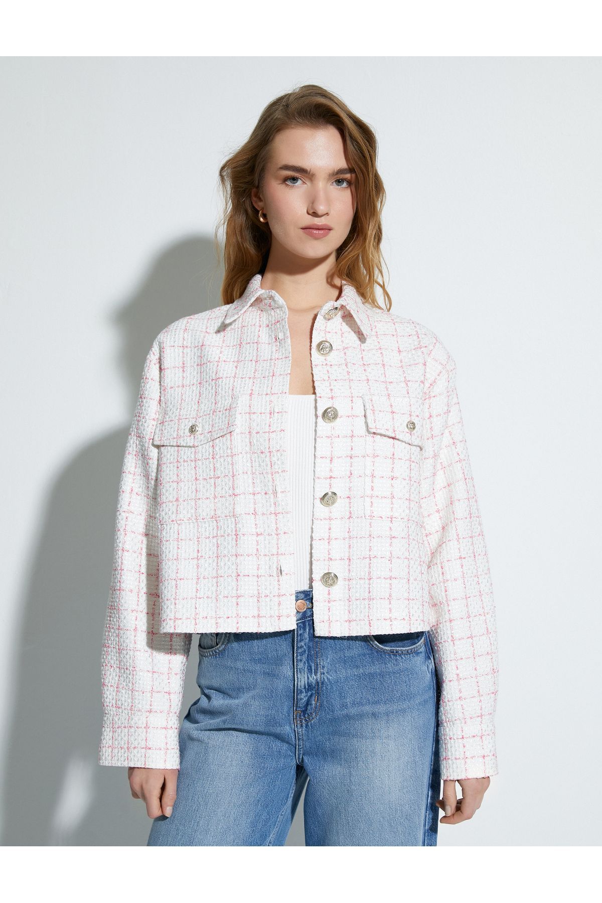 Tüvit Ceket Kapaklı Cepli Düğmeli Gömlek Yaka Tüvit Ceket Kapaklı Cepli Düğmeli Gömlek Yaka