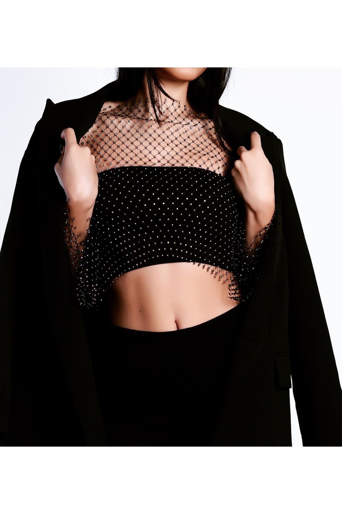 Kristal Taşlı File Crop Bluz