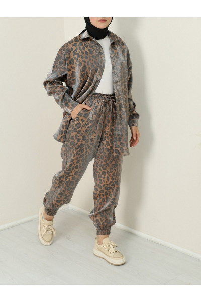 Leopar Desen Flamlı Saten Takım