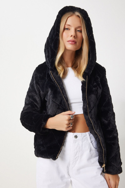 Tüylü Kapüşonlu Oversize Mont SİYAH LRV0062 Tüylü Kapüşonlu Oversize Mont SİYAH LRV0062