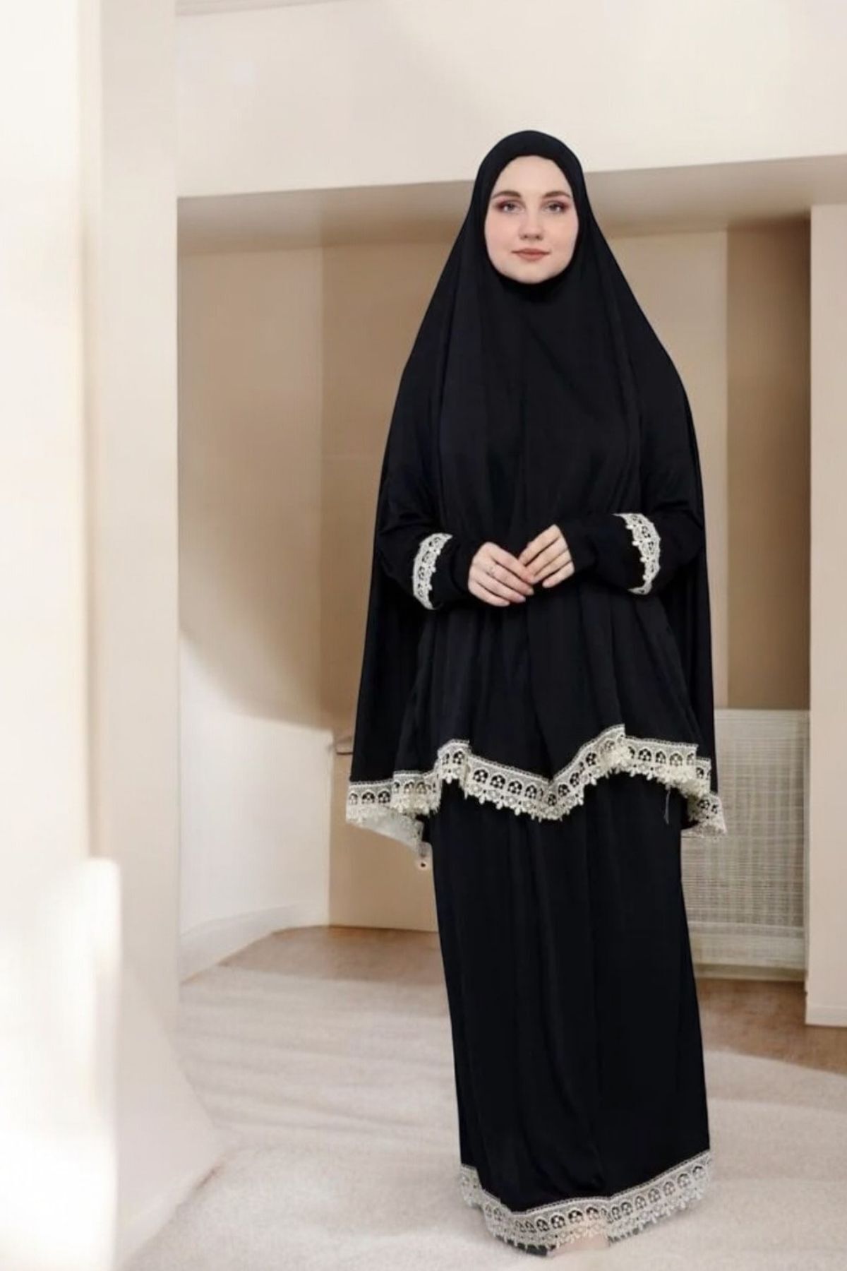 Siyah Ikili Takım Standart Beden Alt Üst Tesettür Namaz Elbisesi Obay4535