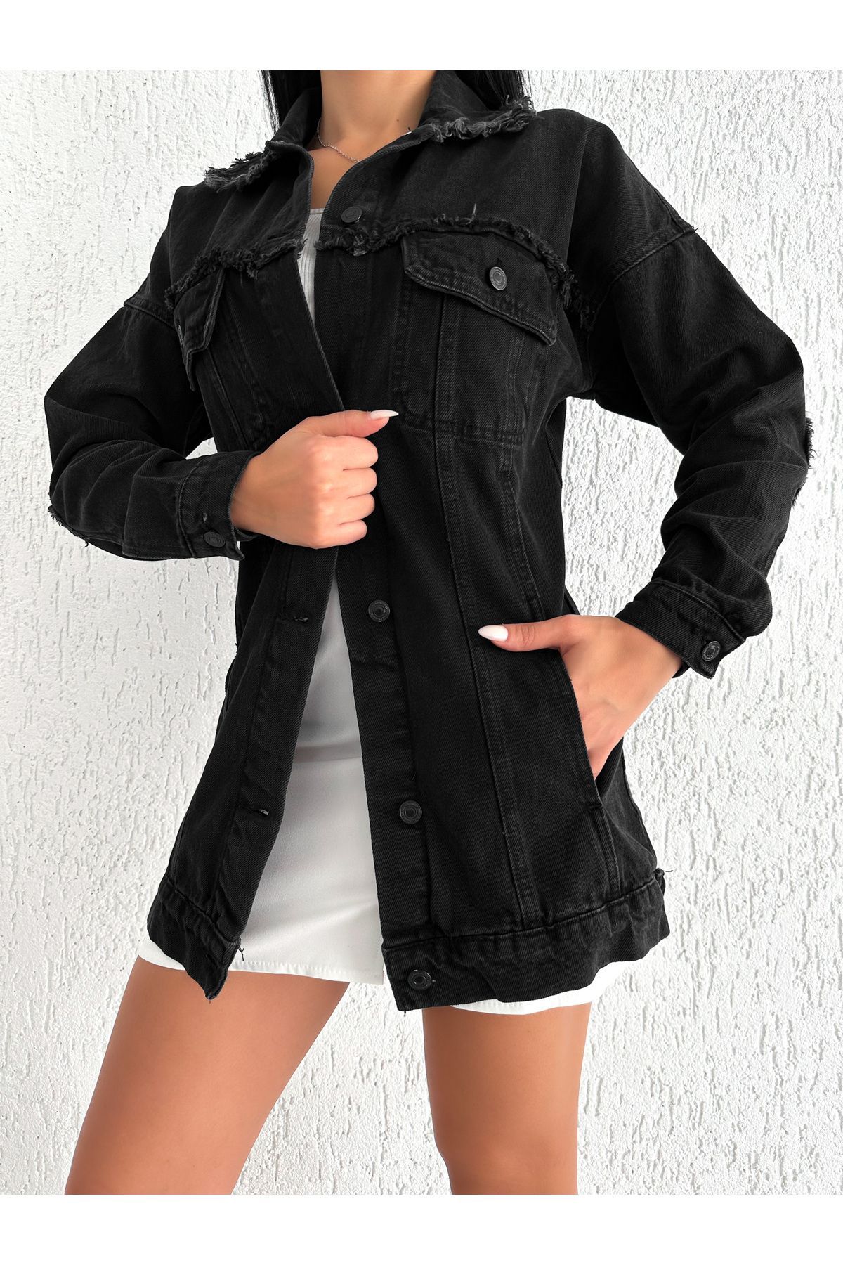 uzun boyfriend bele oturan kalıp denim ceket uzun boyfriend bele oturan kalıp denim ceket