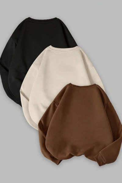 Kadın Siyah Bej Kahverengi 3 Iplik Düz Bisiklet Yaka 3lü Sweatshirt Set Kadın Siyah Bej Kahverengi 3 Iplik Düz Bisiklet Yaka 3lü Sweatshirt Set