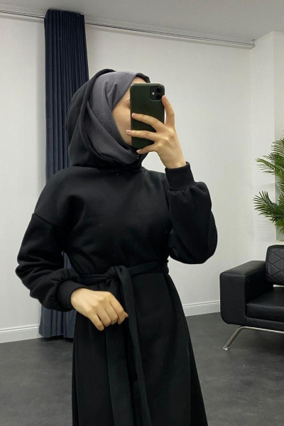 Kapüşonlu Sweat Elbise Siyah Kapüşonlu Sweat Elbise Siyah