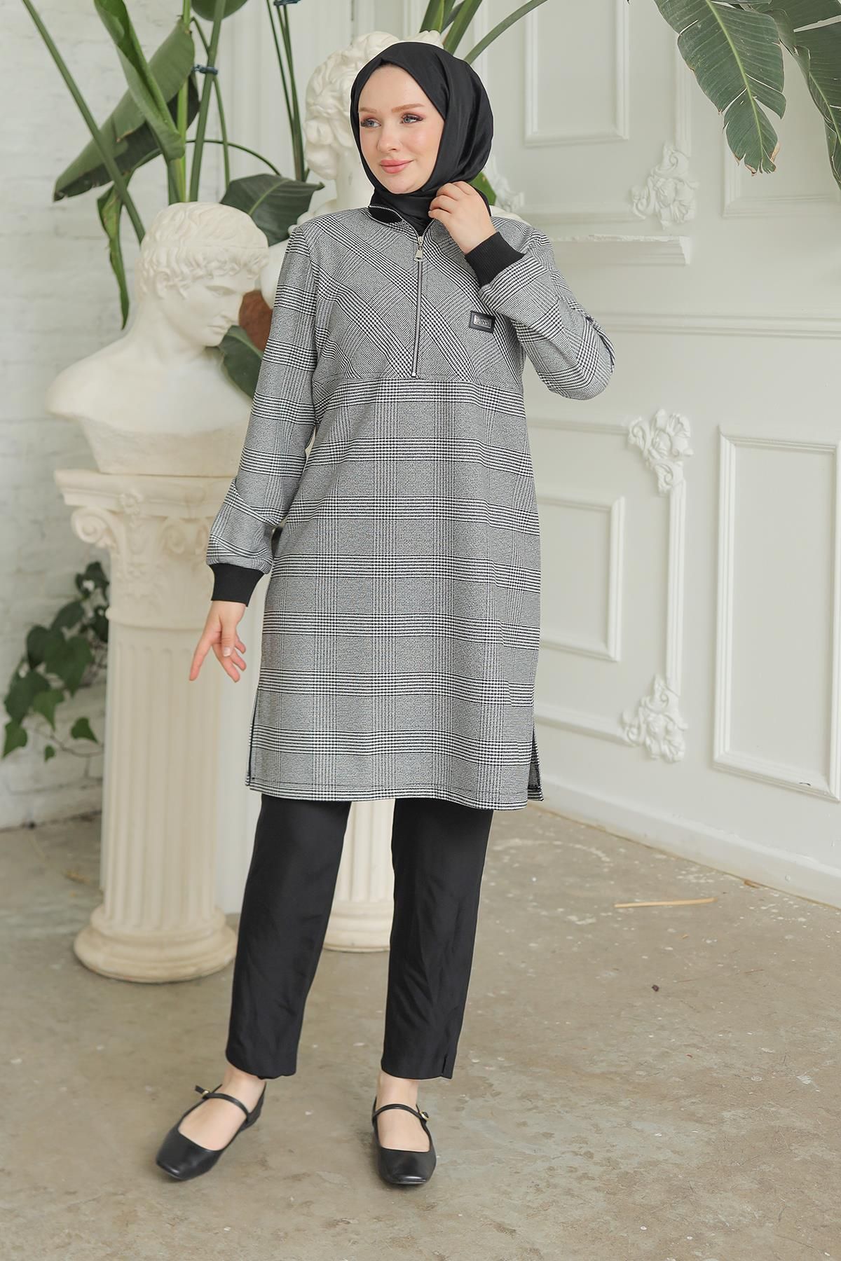 Trend Yarım Fermuarlı Kolları Ribanalı Tunik 24kt416 Trend Yarım Fermuarlı Kolları Ribanalı Tunik 24kt416