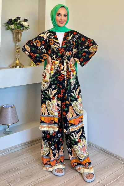 Siyah Desenli Tesettür Viskon Kimono İkili Takım Siyah Desenli Tesettür Viskon Kimono İkili Takım