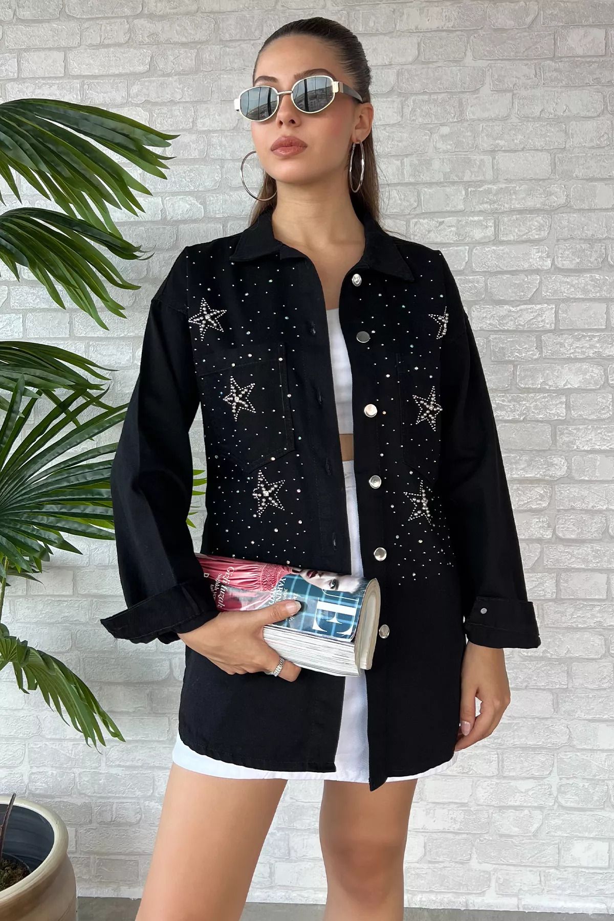 Siyah Çift Cepli Taşlı Kot Jean Ceket Siyah Çift Cepli Taşlı Kot Jean Ceket
