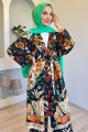 Siyah Desenli Tesettür Viskon Kimono İkili Takım Siyah Desenli Tesettür Viskon Kimono İkili Takım