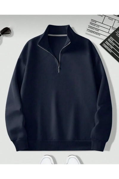 Lacivert Dik Yaka Yarım Fermuarlı Düz Kazak Sweatshirt Lacivert Dik Yaka Yarım Fermuarlı Düz Kazak Sweatshirt
