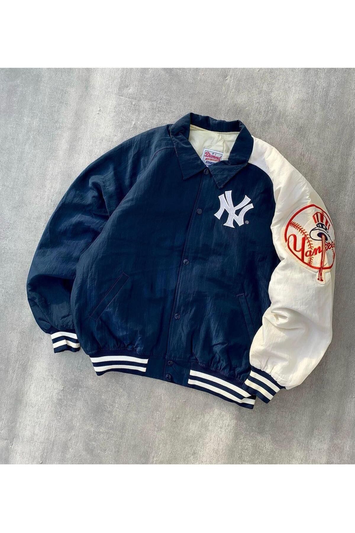 Streetwear Unisex İçi Astarlı Vintage Yankees Mavi Yarışçı Bomber Ceket Streetwear Unisex İçi Astarlı Vintage Yankees Mavi Yarışçı Bomber Ceket