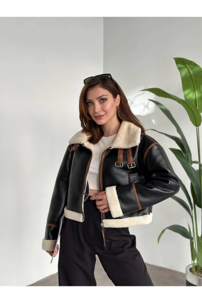Suni Deri Yünlü Astar Detaylı Crop Pilot Ceket Suni Deri Yünlü Astar Detaylı Crop Pilot Ceket