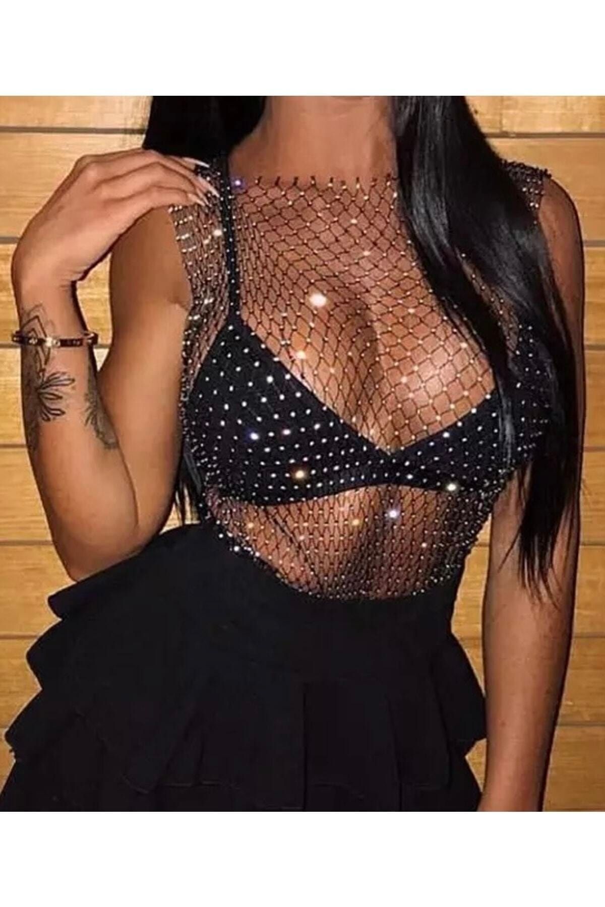 Kristal Taşlı File Crop Bluz