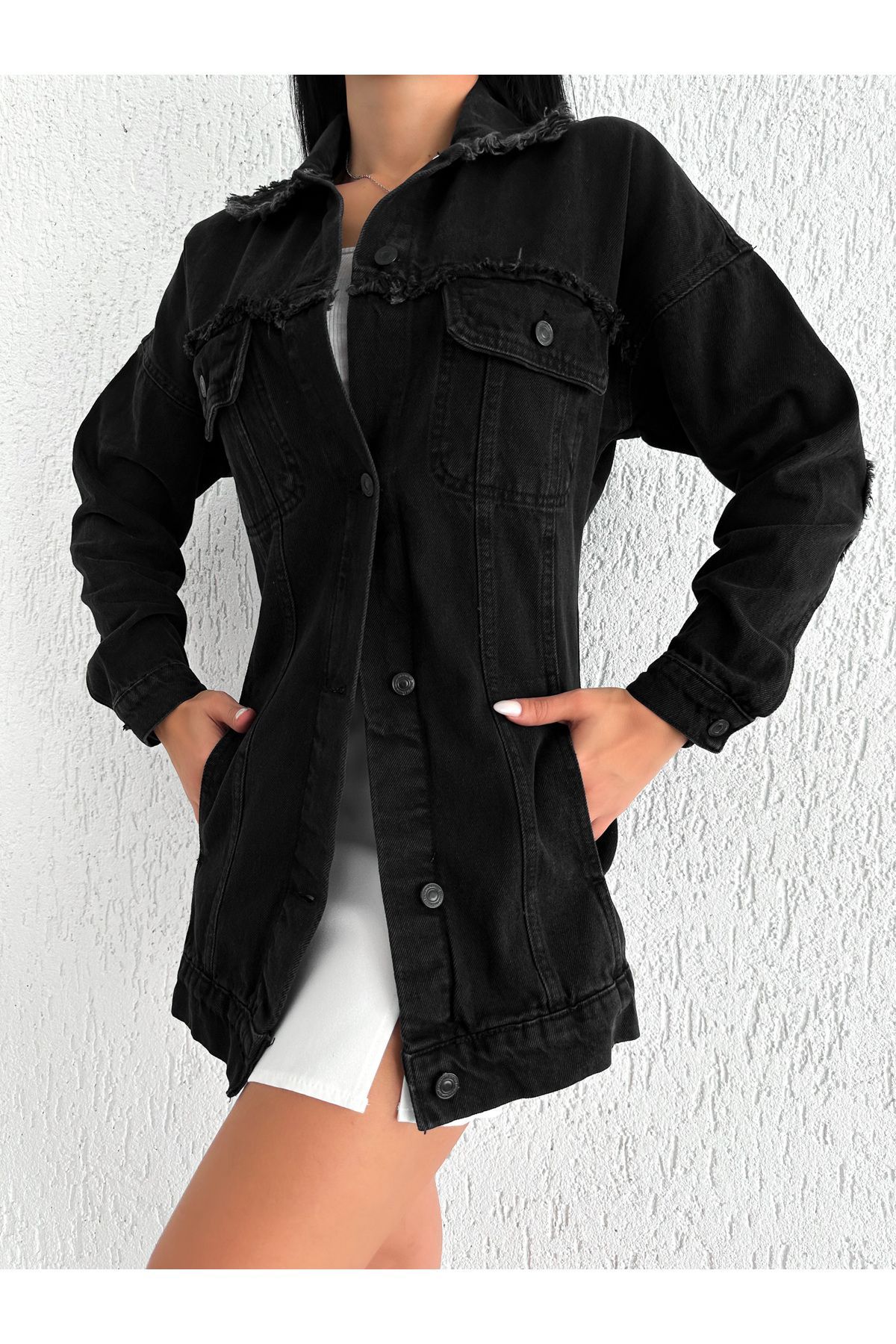 uzun boyfriend bele oturan kalıp denim ceket uzun boyfriend bele oturan kalıp denim ceket