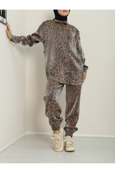 Leopar Desen Flamlı Saten Takım