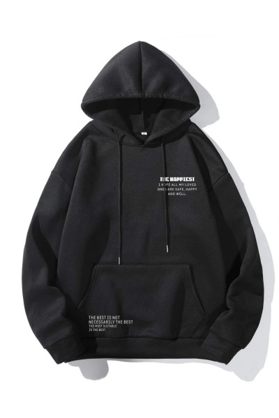 Unisex Siyah Happiest Baskılı Oversize Kapşonlu Sweatshirt Unisex Siyah Happiest Baskılı Oversize Kapşonlu Sweatshirt