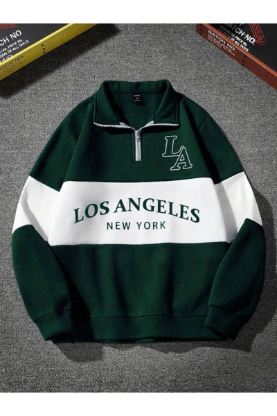 Unisex Yeşil Los Angeles Baskılı Oversize Parçalı Polo Yaka Fermuarlı Sweatshirt Unisex Yeşil Los Angeles Baskılı Oversize Parçalı Polo Yaka Fermuarlı Sweatshirt