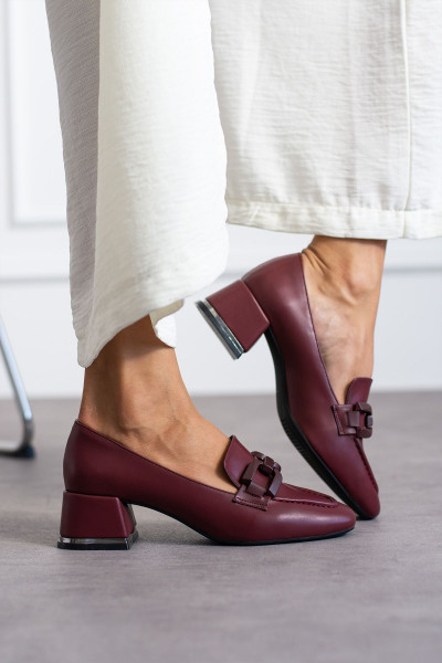 Kadın Suni Deri Loafer Ayakkabı - Tokalı, Kalın Topuklu