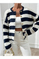 Kadın Triko Siyah Beyaz Çizgili Gold Düğmeli Ceket Hırka