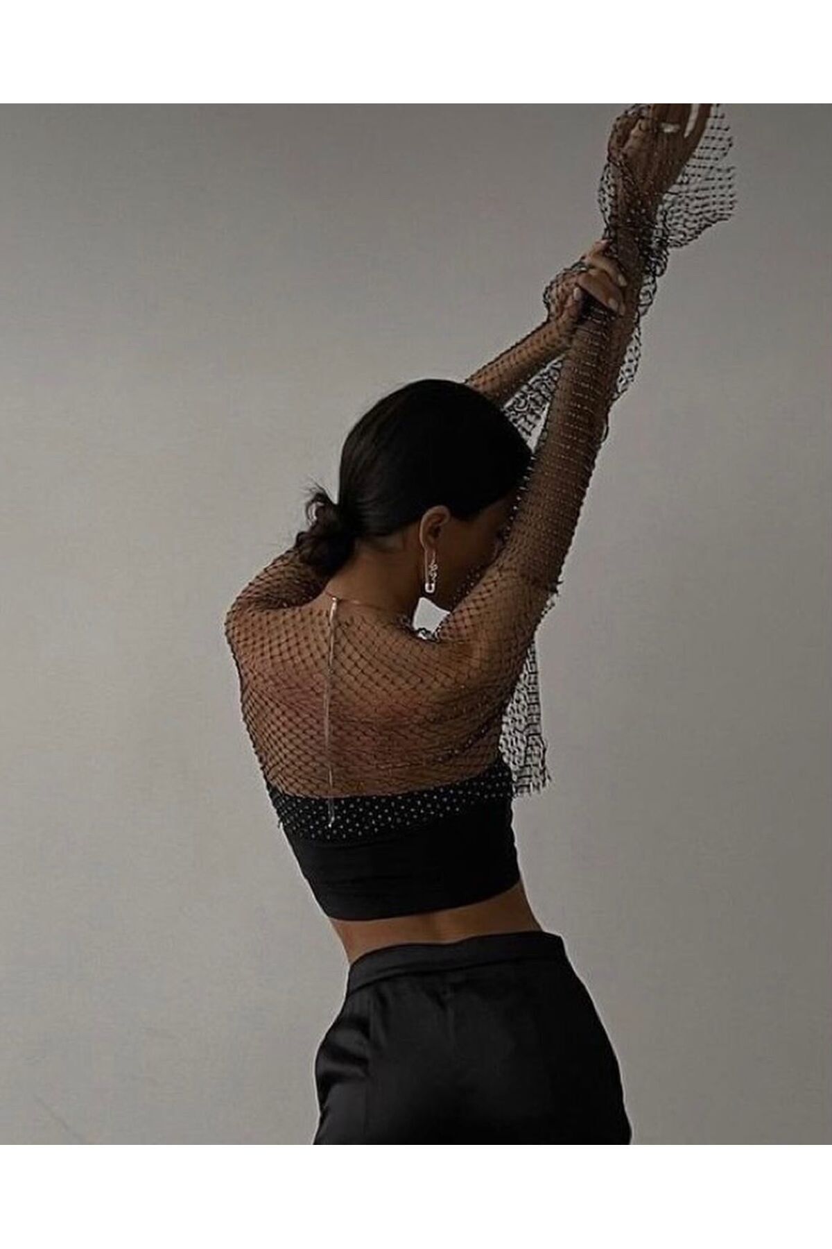 Kristal Taşlı File Crop Bluz